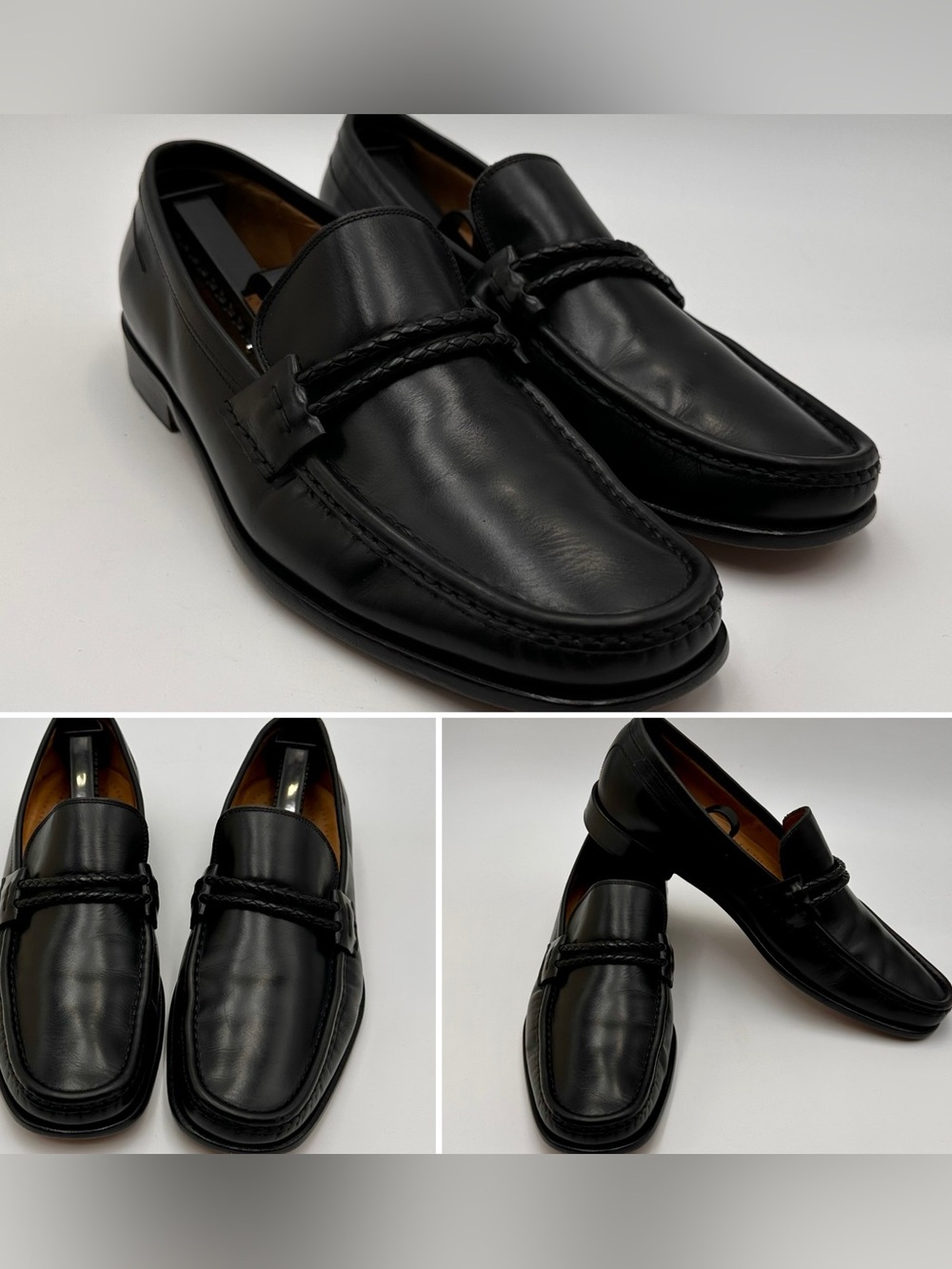 JOHNSTON MURPHY ITALY MENS LOAFERS SZ 11.5 M BLACK LEATHER BRAIDED STRAP SHOES
